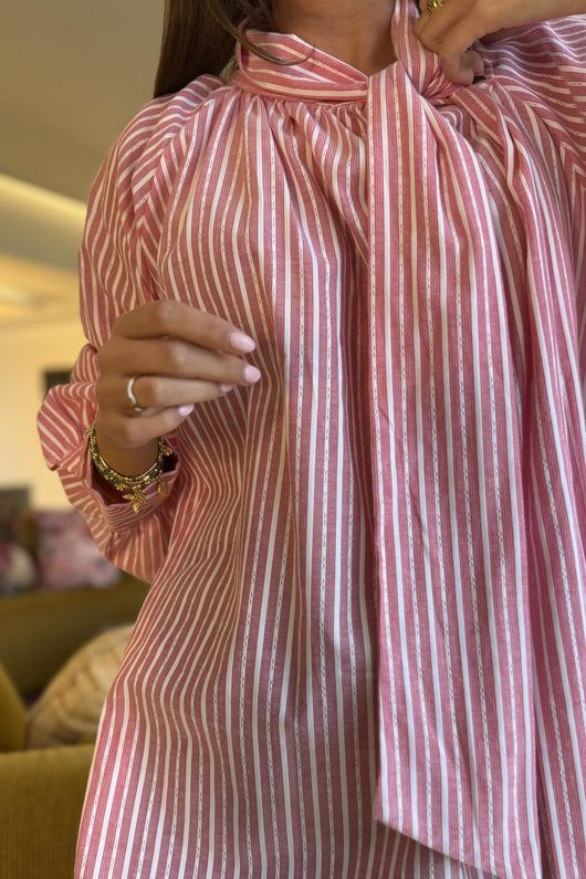 Nantucket Stripe Tie Neck Blouse Soft Red